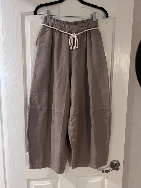 Free People Pants - Free People Taupe Textured Wide-Leg Pants with Rope Drawstring